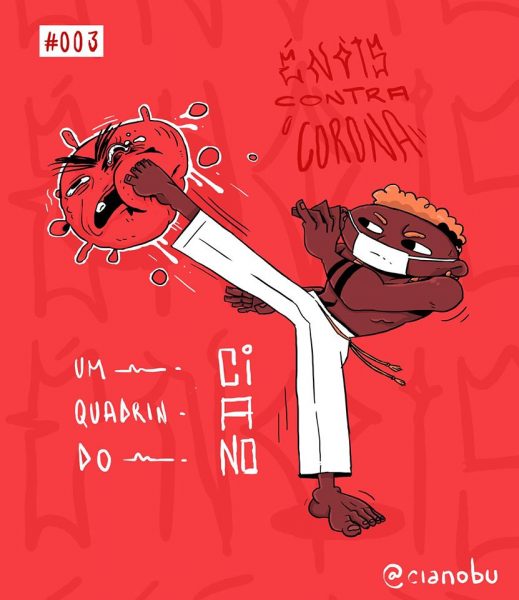 desenho do ciano mostra menino negro capoeirista dando chute no coronavírus